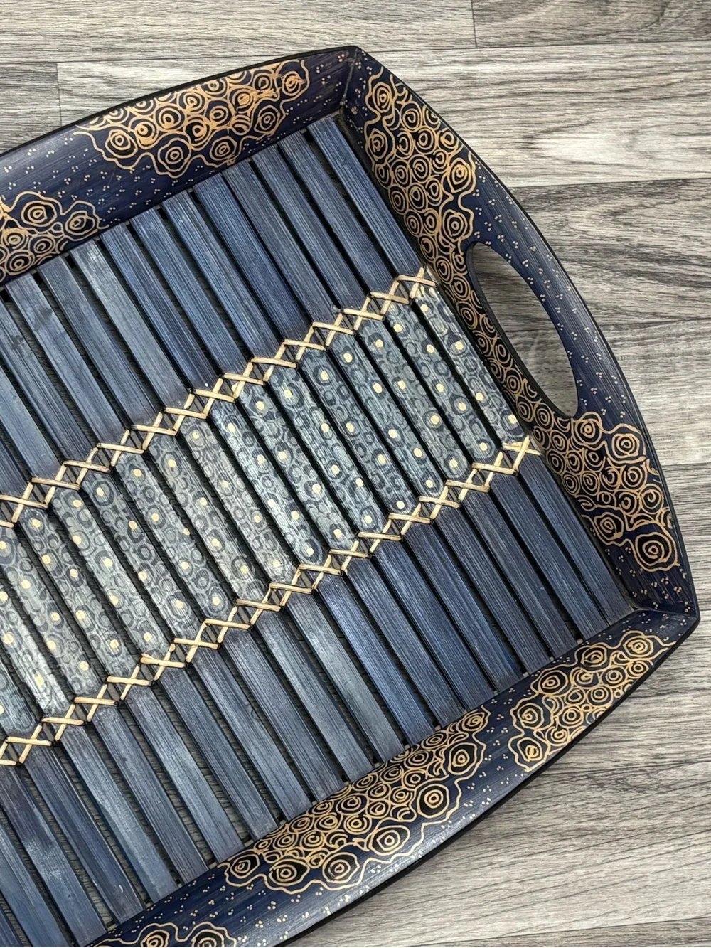 Ten Thousand Villages Blue Bamboo Batik Serving Tray 16x14 Hand Painted Wood Boh